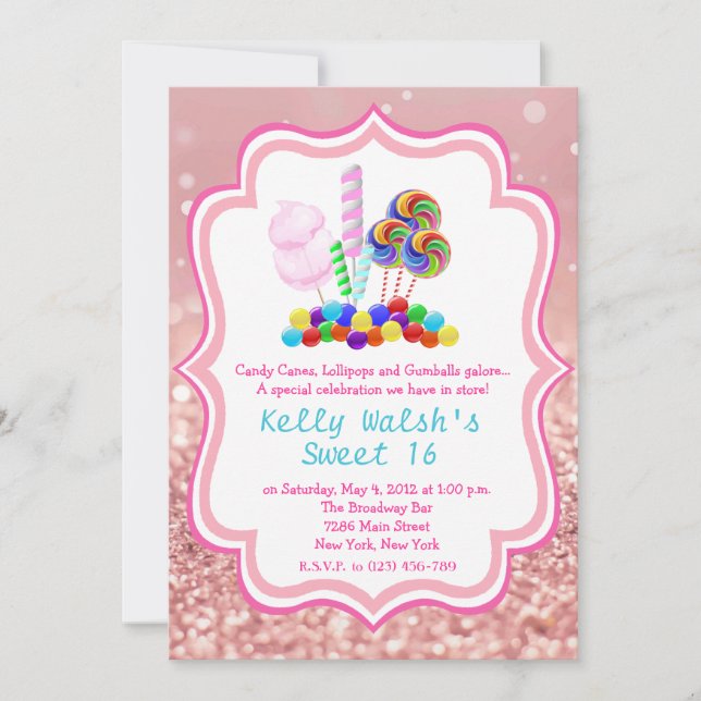 Candyland Rose Gold Glitter Sweet 16 Invitation (Front)