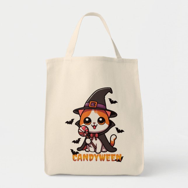 candyween - cat witch halloween tote bag (Front)