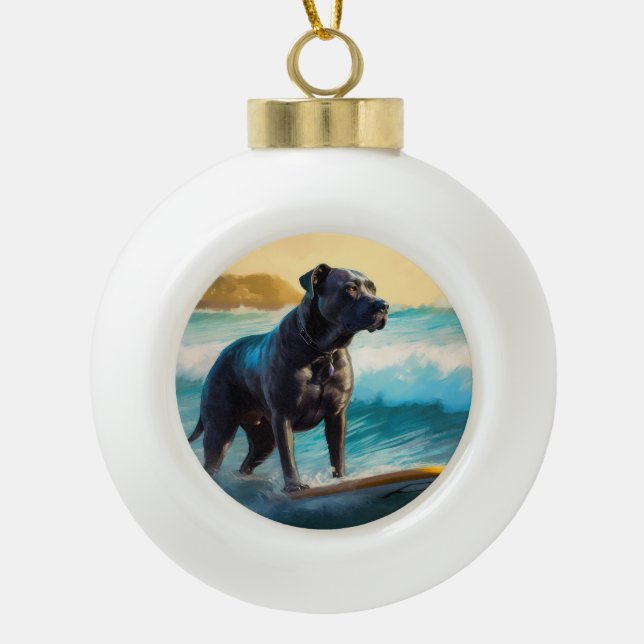 Cane Corso Beach Surfing Painting Ceramic Ball Christmas Ornament (Front)