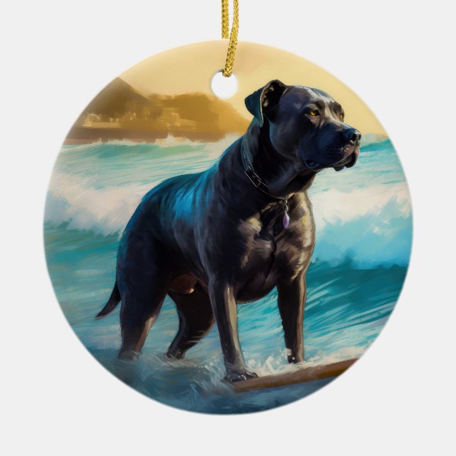 Cane Corso Beach Surfing Painting Ceramic Tree Decoration (Front)