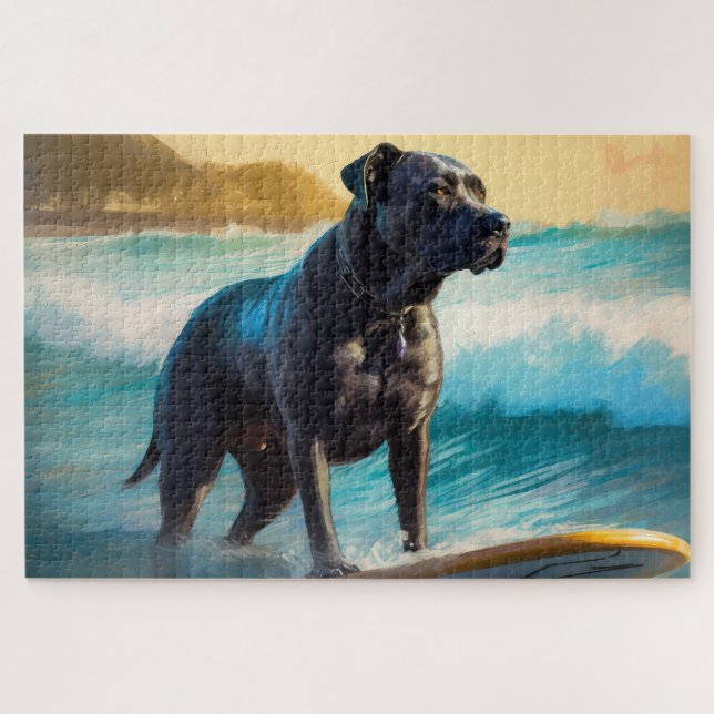 Cane Corso Beach Surfing Painting Jigsaw Puzzle (Horizontal)