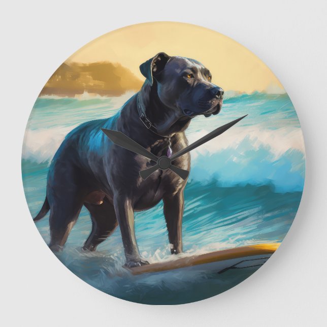 Cane Corso Beach Surfing Painting Large Clock (Front)