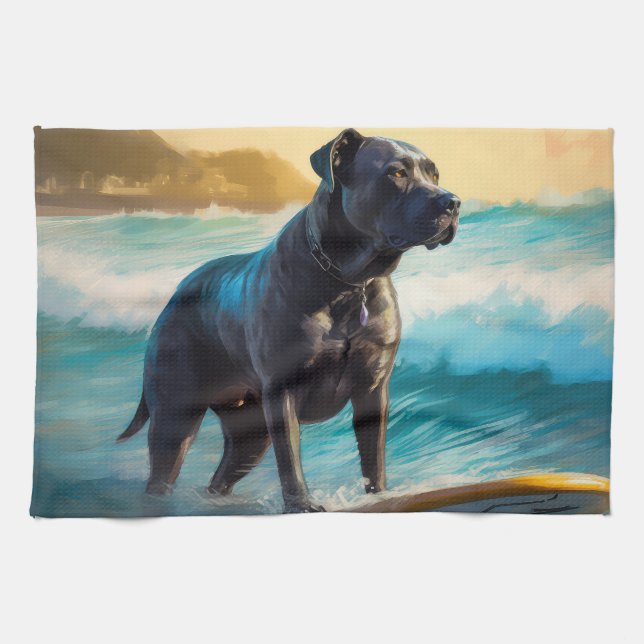 Cane Corso Beach Surfing Painting Tea Towel (Horizontal)