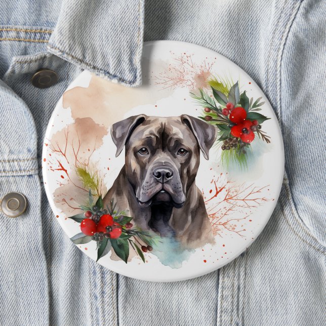 Cane Corso Christmas Wreath Festive Pup 6 Cm Round Badge (In Situ)