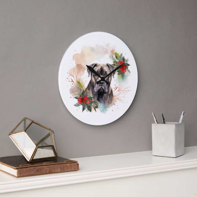 Cane Corso Christmas Wreath Festive Pup Large Clock (Office)