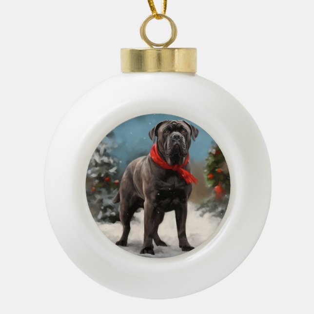 Cane Corso Dog in Snow Christmas  Ceramic Ball Christmas Ornament (Front)