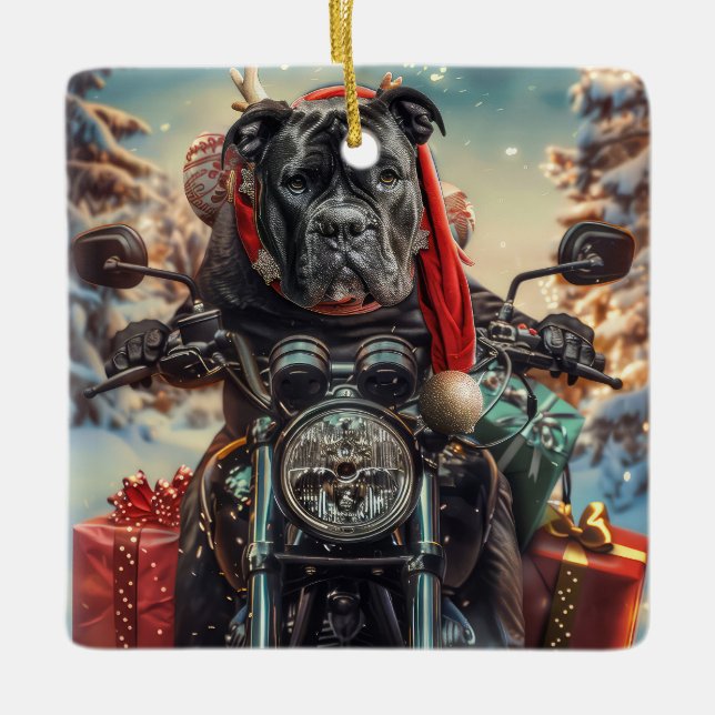 Cane Corso Dog Riding Motorcycle Christmas  Ceramic Ornament (Front)