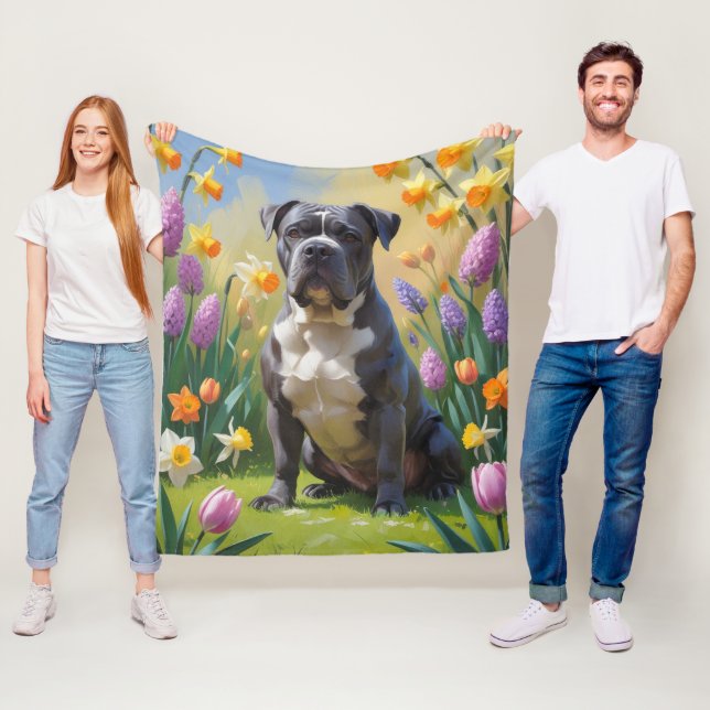 Cane Corso Dog Spring Flowers Painting Fleece Blanket (In Situ)