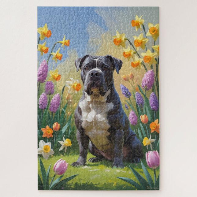 Cane Corso Dog Spring Flowers Painting Jigsaw Puzzle (Vertical)