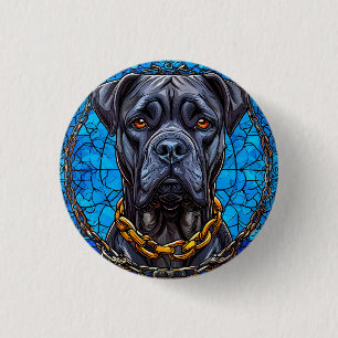 Cane Corso Dog With Chains in Blue Stained Glass 3 Cm Round Badge