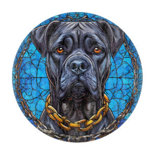 Cane Corso Dog With Chains in Blue Stained Glass Cutting Board