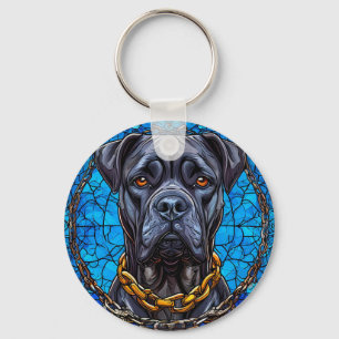 Cane Corso Dog With Chains in Blue Stained Glass Key Ring