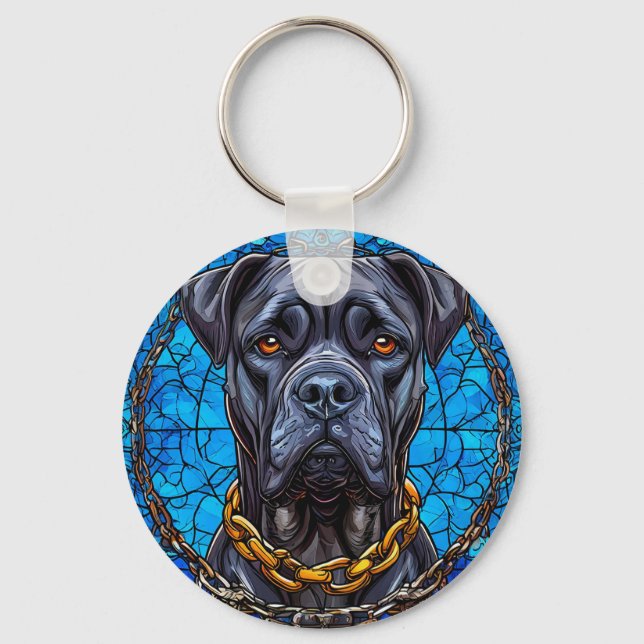 Cane Corso Dog With Chains in Blue Stained Glass Key Ring (Front)