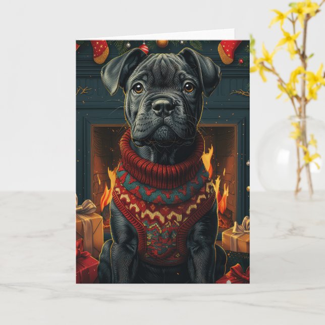 Cane Corso Dog With Christmas Gifts Fireplace Card (Yellow Flower)
