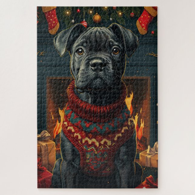 Cane Corso Dog With Christmas Gifts Fireplace Jigsaw Puzzle (Vertical)