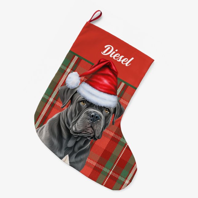 Cane Corso Dog with Red Holiday Plaid Personalised Large Christmas Stocking (Front (Hanging))