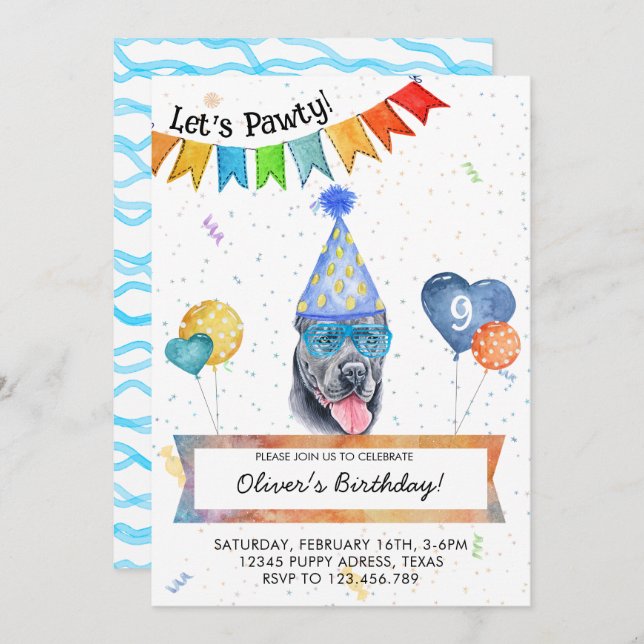 Cane Corso Lets Pawty Dog Birthday Party Invitation (Front/Back)