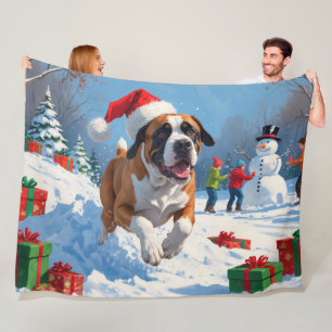 Cane Corso Running in Snow with Christmas Hat Fleece Blanket