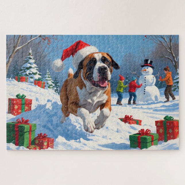 Cane Corso Running in Snow with Christmas Hat Jigsaw Puzzle (Horizontal)