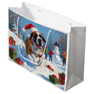 Cane Corso Running in Snow with Christmas Hat Large Gift Bag