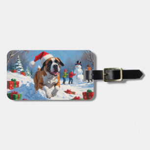 Cane Corso Running in Snow with Christmas Hat Luggage Tag