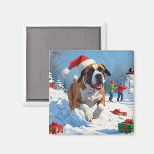 Cane Corso Running in Snow with Christmas Hat Magnet