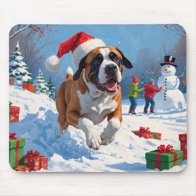 Cane Corso Running in Snow with Christmas Hat Mouse Mat (Front)