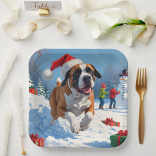 Cane Corso Running in Snow with Christmas Hat Paper Plate