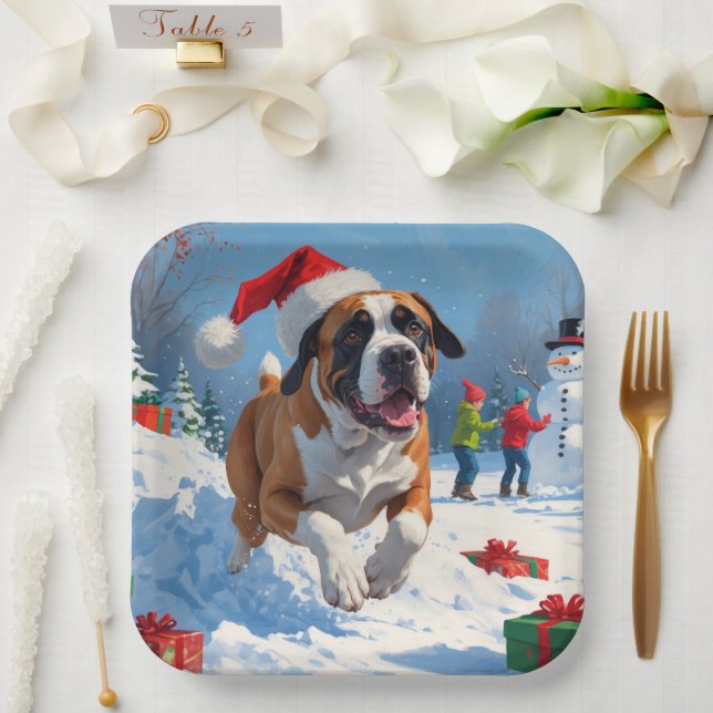 Cane Corso Running in Snow with Christmas Hat Paper Plate (Wedding)