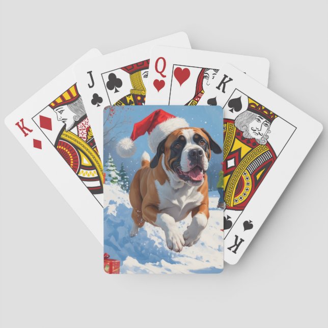 Cane Corso Running in Snow with Christmas Hat Playing Cards (Back)