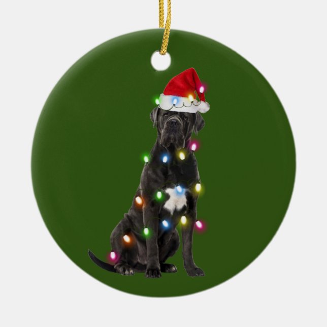 Cane corso With Christmas Scafts Santa Hat Ceramic Tree Decoration (Front)