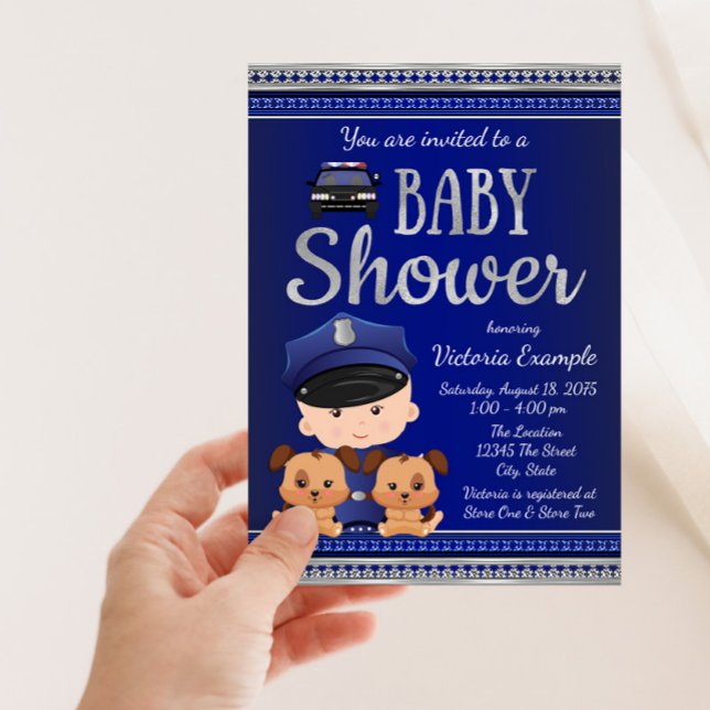Canine Police Baby Shower Invitation (Cute blue and silver police and canine puppies baby shower invitation. Simply add your event details)