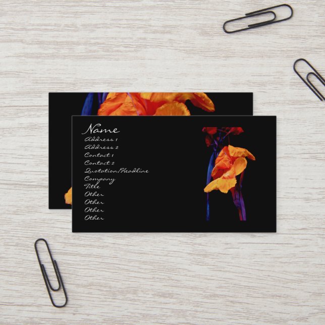 Canna Lilies on Black With Blue Business Card (Front/Back In Situ)