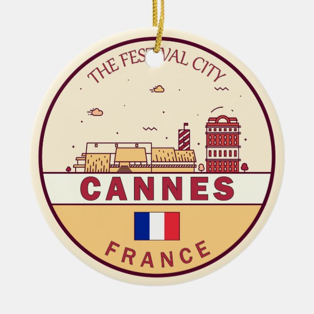 Cannes France City Skyline Emblem Ceramic Tree Decoration (Front)