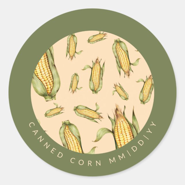 Canning | Corn on the Cob Pattern | Date Classic Round Sticker (Front)