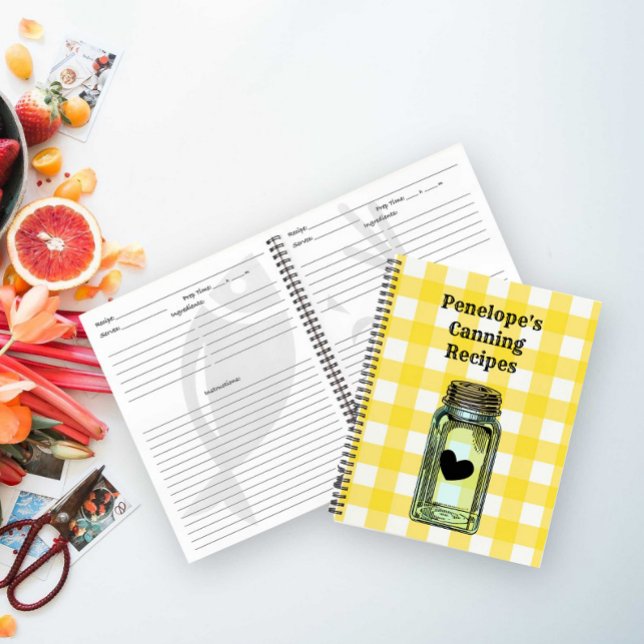 Canning Recipe Book Yellow Gingham and Your Name (Personalize this cute retro design with your own name)