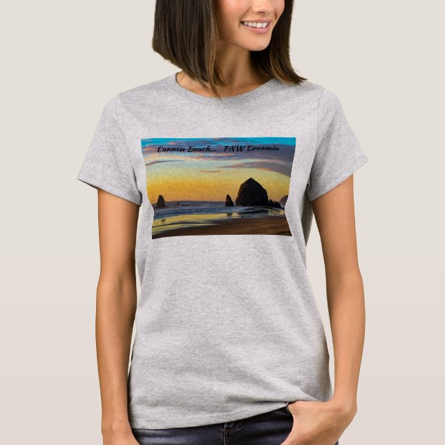 Cannon Beach - Haystack Rock at sunset T-Shirt (Front)