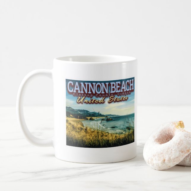 CANNON BEACH - HAYSTACK ROCK - OREGON USA COFFEE MUG (With Donut)