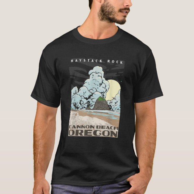 Cannon Beach Oregon Haystack Rock Retro WPA Style  T-Shirt (Front)