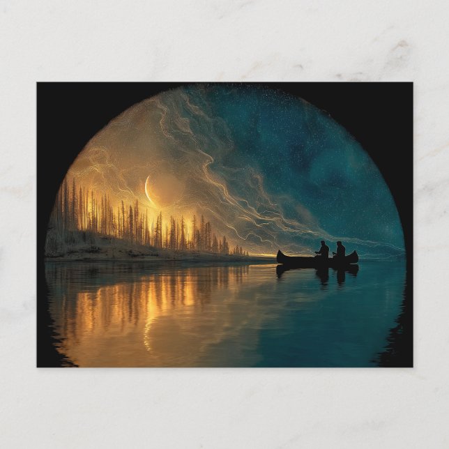 Canoe and crescent moon on a lake postcard (Front)