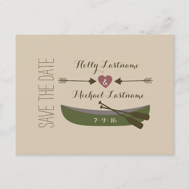 Canoe + Arrows With Heart Rustic Save The Date Announcement Postcard (Front)