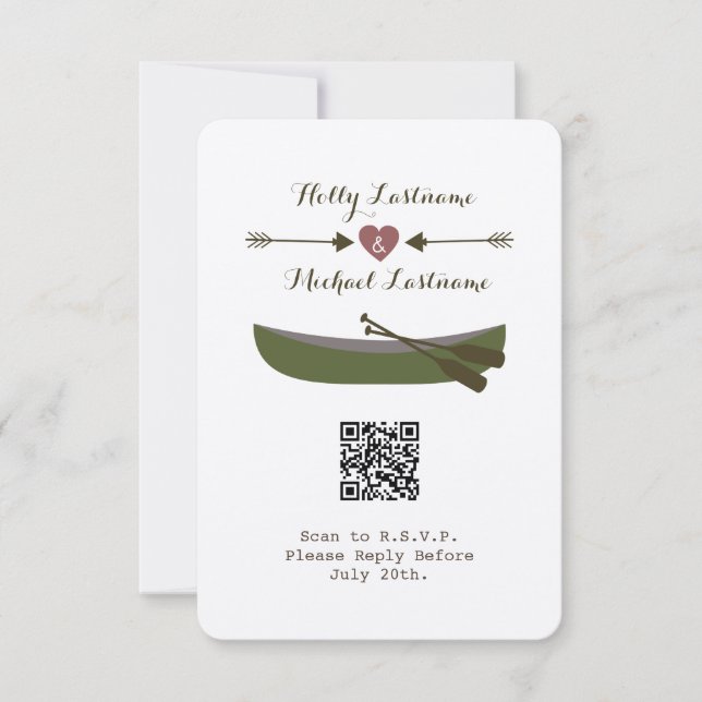 Canoe + Arrows With Heart Wedding QR Code RSVP Card (Front)