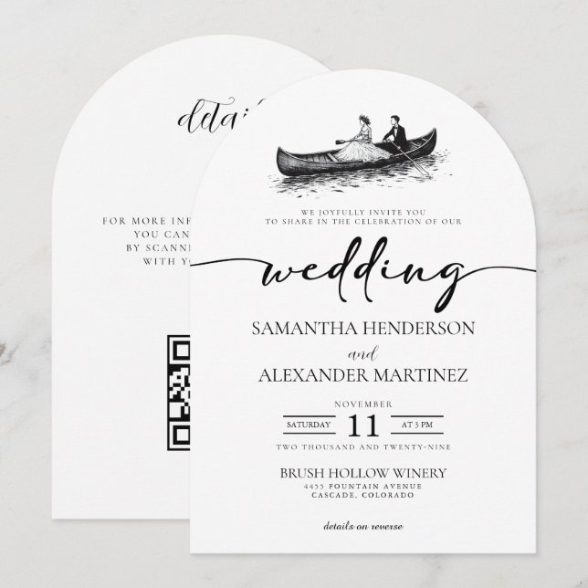 Canoe Couple with QR Code Wedding Invitation (Front/Back)