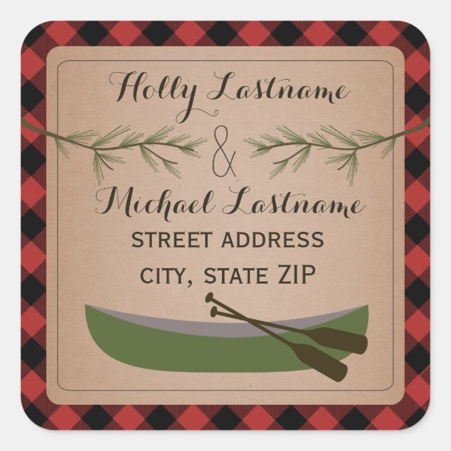 Canoe + Evergreen Branch Plaid Address Sticker (Front)
