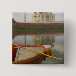 Canoe in water with Taj Mahal, Agra, India 15 Cm Square Badge