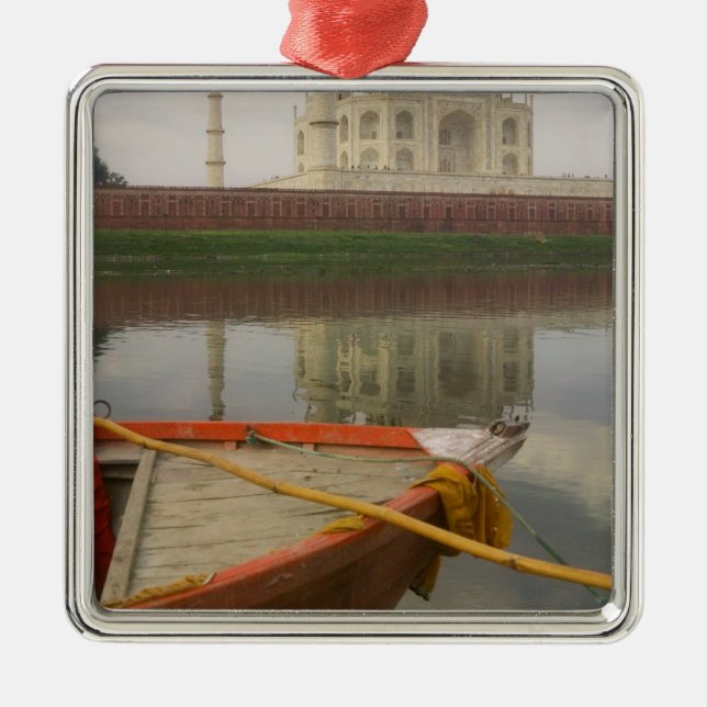 Canoe in water with Taj Mahal, Agra, India Metal Tree Decoration (Front)