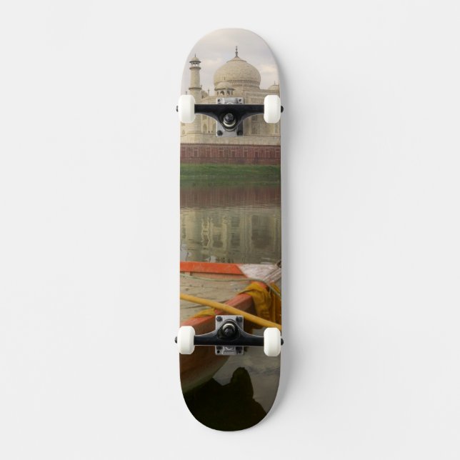 Canoe in water with Taj Mahal, Agra, India Skateboard (Front)