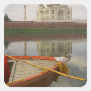 Canoe in water with Taj Mahal, Agra, India Square Sticker