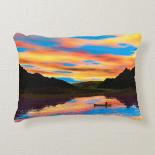 Canoe On Sunset Lake Jigsaw Puzzle Decorative Cushion