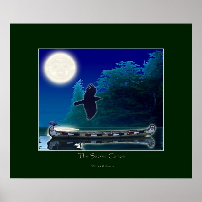 Canoe, Ravens & Moon Native American Art Poster (Front)